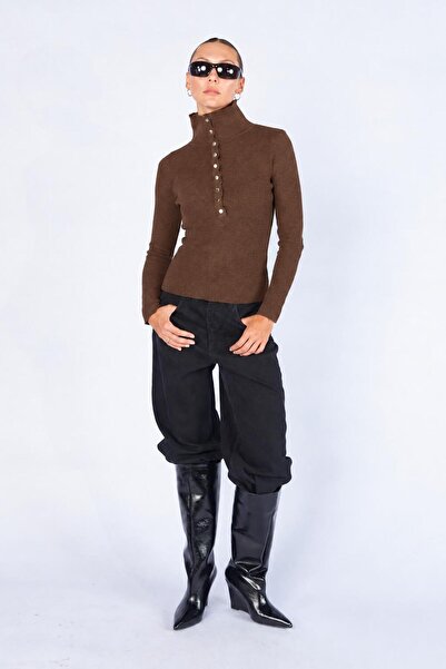 TENA Women's Brown High-Necked Knitwear with Gold Snap Detail