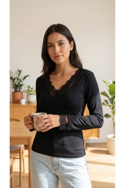 KAROL Lace Detailed V-Neck Long Sleeve Blouse