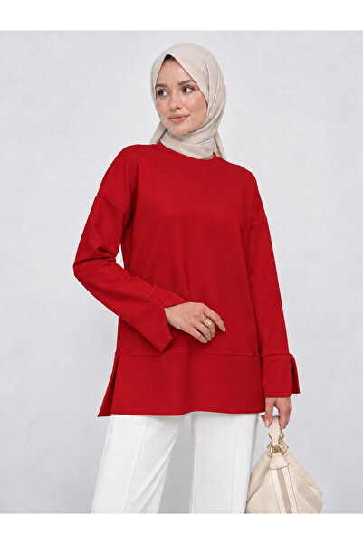 umtlifes Women's Red Slit Modal Fabric Crew Neck Oversize Hijab Tunic Sweatshirt