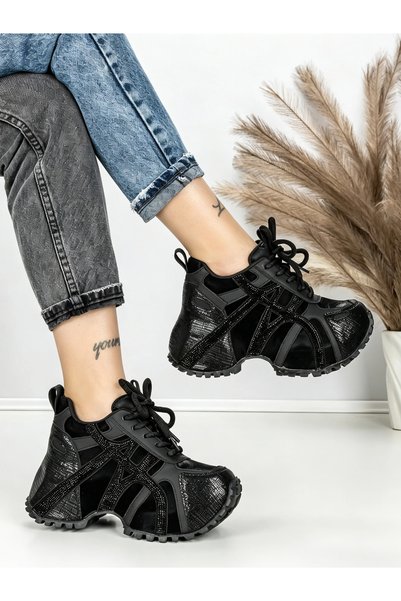 mei Pantofi sport dama cu platforma negri din piele ecologica Drinria