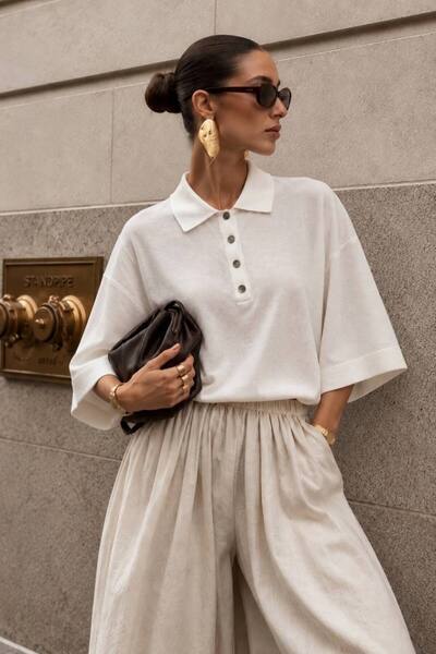 vuvutasarım Polo Collar Button Detailed Wide Sleeve Women's Blouse 52115209