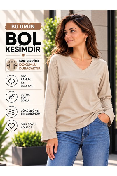 Hayalet Women's V-Neck Long Sleeve T-Shirt Ultra Soft Basic Tee - Loose Fit