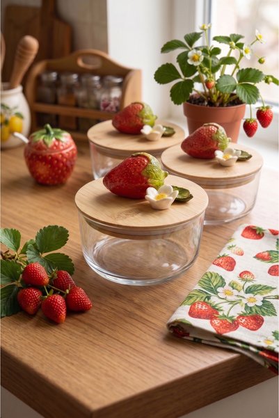Kare Home Vacuum Sealed 3-Piece Glass Storage Container with Bamboo Lid [Strawberry Detail]