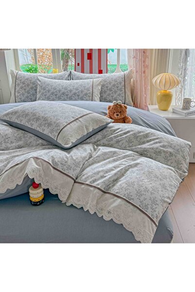 JOJO HOME Lenjerie de Pat Ranforce 100% Bumbac Gri Deschis cu Dantela | 4 Pie...