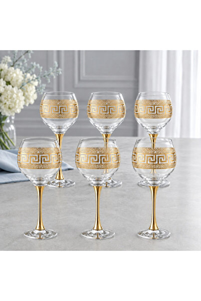 OEM Set de 6 pahare de sticlă 285 ml Royalty Home cu decorație aurie și picior auriu – pahare elegante pentru vin roșu și alb