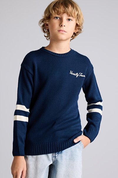 DeFacto Oversize Crew Neck Sleeves Striped Embroidered Knitwear Sweater for B...