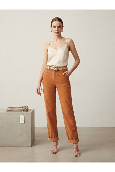 Sierra otantik High Waist Velvet Trousers with Belt and Side Zipper