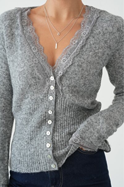 Lupies Women's Navy Blue Lace Detailed Buttoned Knitwear Cardigan