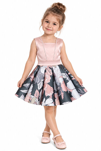 Atelier Anca Socolovschi Rochie fete, roz/gri cu imprimeu floral