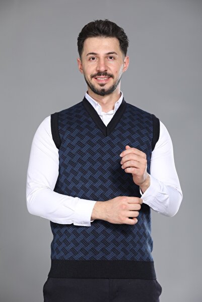 KZC TEKSTİL Navy Blue Men's Dad and Middle-Aged Patterned Acrylic Thick Textu...