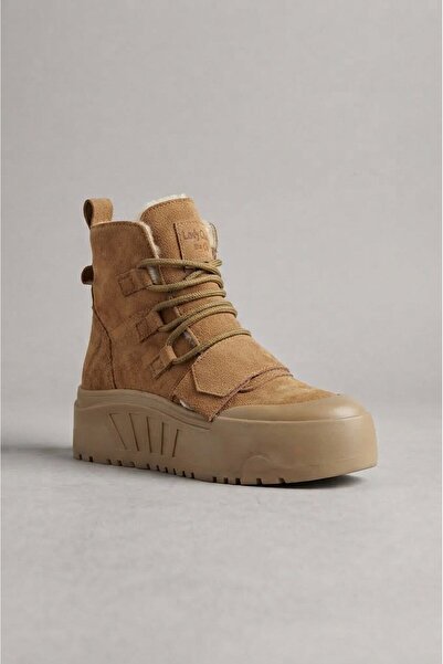 LETAO Tan Suede Thick Soled Lace-Up Women's Casual Daily Boots with Fur Inside