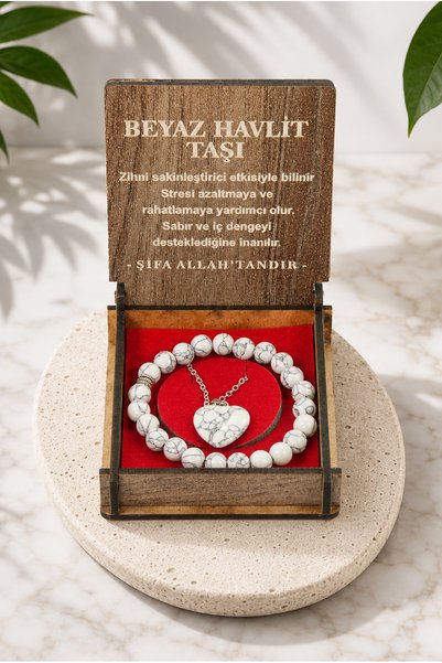 ihvan online White Howlite Stone Bracelet and Necklace Set - Gift with Wooden...