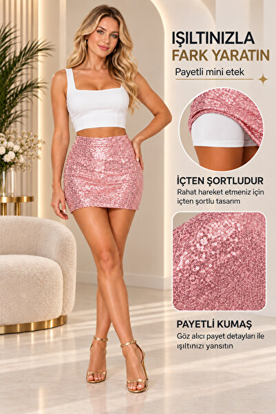 EKZMODA Women's Pink Sequined Mini Shorts Skirt High Waist Shiny Sequin Party...