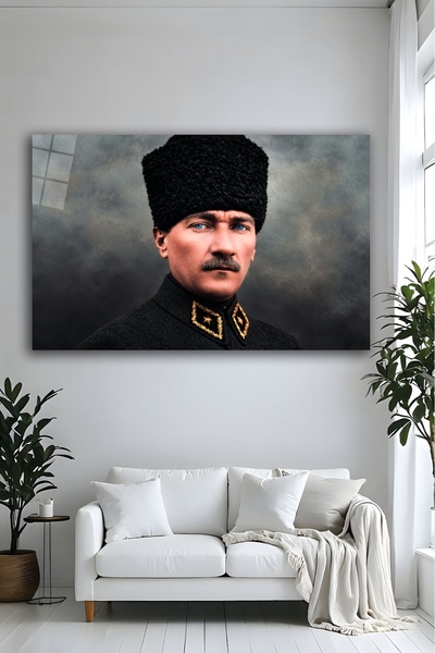 Parıltı Yayınları Mustafa Kemal Atatürk Kalpaklı Portre Yatay Cam Tablo Salon...
