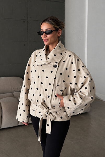 NET OF NOT Oversize Gabardin Kumaş Dik Yaka Puantiyeli Trençkot Kadın Ceket