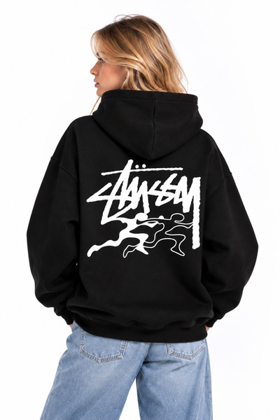 Compostela Women's Men's Unisex Stusy Surflu Man Back Patterned Printed 100% Cotton Oversize Hooded Sweatshirt Hoodie