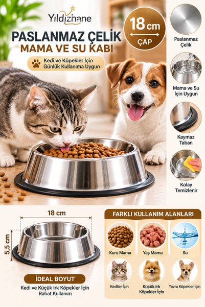 Yıldızhane 18 cm Kedi Köpek Mama ve Su Kabı Paslanmaz Çelik Metal Mama Kabı