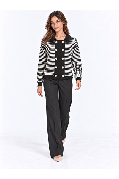 Sfg Life Moda Women's Striped Polo Collar Double Breasted Knitwear Jacket