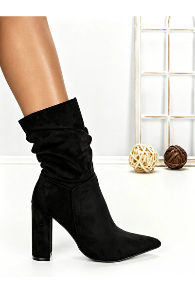 mei Botine dama cu toc gros negre din material textil Atoryn
