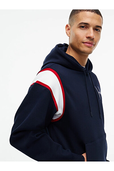 Tommy Hilfiger Erkek Regular Fit Kontrast Şerit Detaylı Logolu Pamuklu Kapüşonlu Uzun Kollu Lacivert Sweatshirt