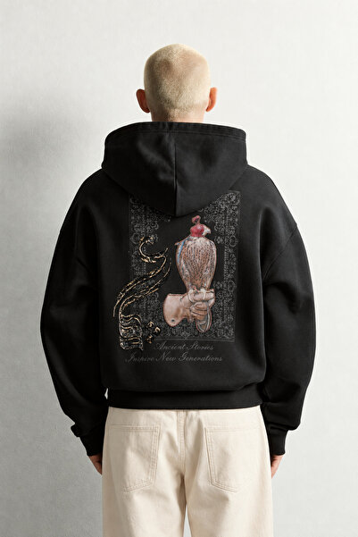 king brich Men's Hooded Oversize Sweatshirt with Embossed Hawk Figure
