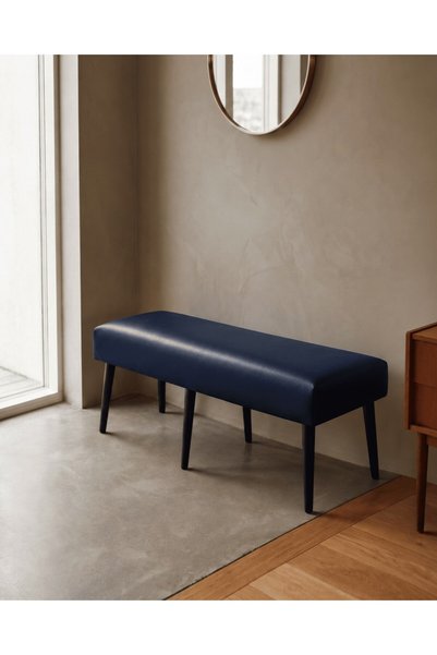 Azra Mobilya LACİVERT Deri Bank Bench Oturma Pufu | Modern Salon Antre Puf Ay...