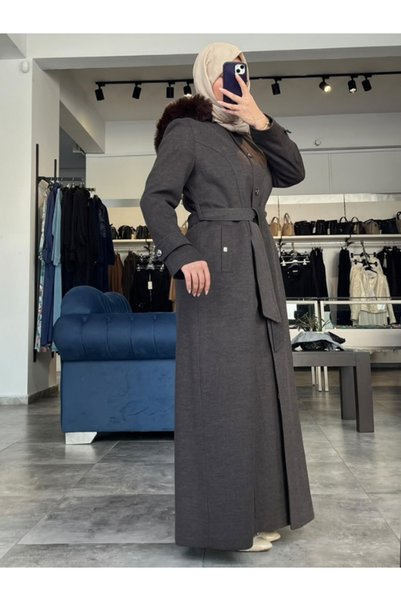 Zühre Women's Stand Collar Fur Detailed Cashmere Coat Brown 13326