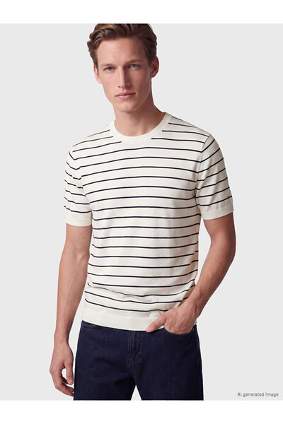 LC Waikiki Vizyon New Season White Crew Neck Striped Men's Knitwear T-Shirt