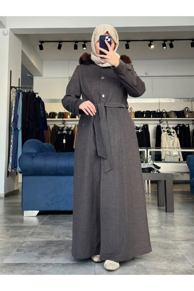 Zühre Women's Stand Collar Fur Detailed Cashmere Coat Brown 13326