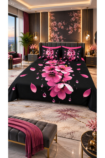 AYBERK HOME TEXTİLE Black Orchid 5D Printed Cotton Double Duvet Cover Set wit...