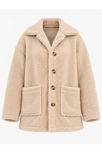 HİMMEL Kadın Teddy Peluş Oversize Cepli Düğmeli Ceket