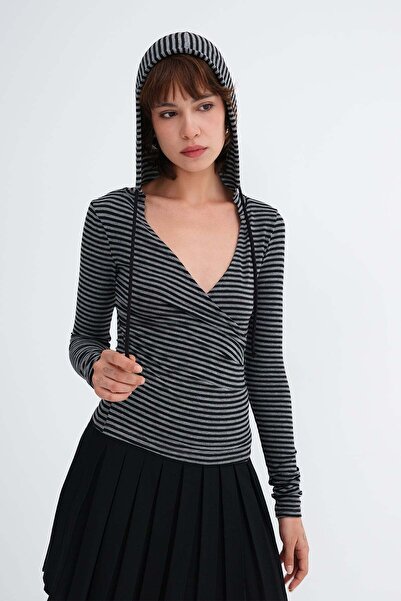Addax Hooded Double Breasted Collared Blouse B07034