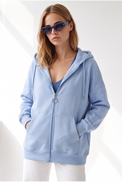 Olalook Women's Baby Blue Hooded Kangaroo Pocket Oversize Basic Sweatshirt Sw...