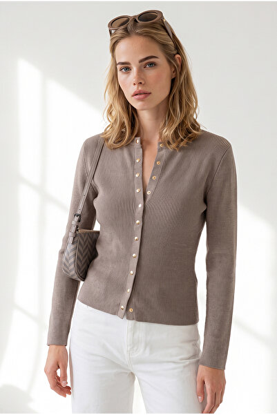 Olalook Women's Mink Crew Neck Buttoned Soft Textured Knitwear Blouse Blz-190...