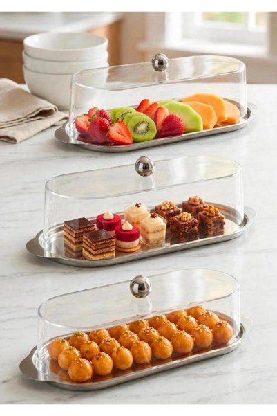 Generic Oval Cake and Dessert Serving Tray Set with Transparent Lid and Silve...