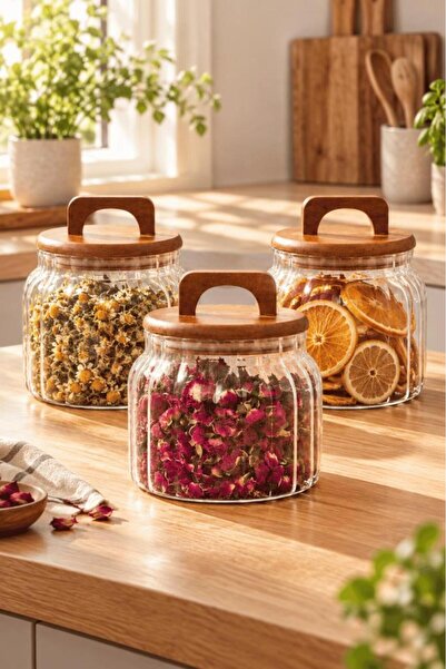 Atbyhome 3'lü Kulplu Ahşap Kapaklı Çizgili Borosilikat Cam Kavanoz Seti 850ml...