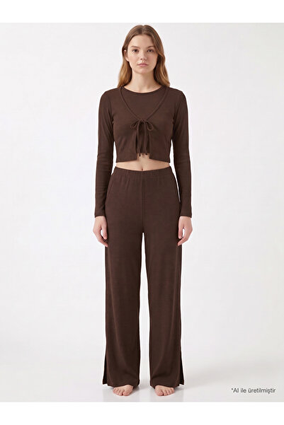 Cottonhill Premium - Serene Collection | Kahverengi Rib Dokulu Önden Bağlamal...