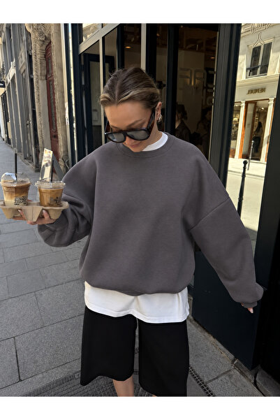 CrepTekstil Kadın Oversize Basic Bisiklet Yaka Sweatshirt Antrasit– 3 İplik Ş...