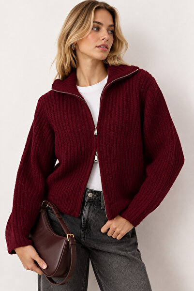 WILD BEE Women's Burgundy Double Zipper Soft Textured Knitwear Cardigan