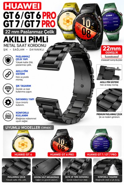 onlinekordon Huawei Watch GT 6 / GT 6 Pro / GT 7 / GT 7 Pro Uyumlu 22 mm Siya...