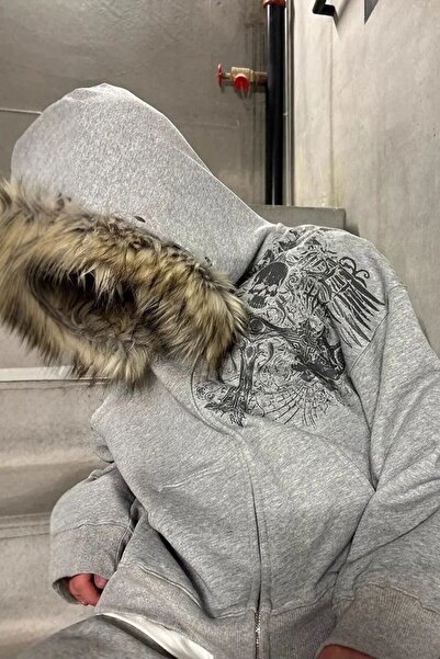 Köstebek Gri Melanj Kürk Detaylı Skull Motifli Gotik Y2K Kapüşonlu Hırka