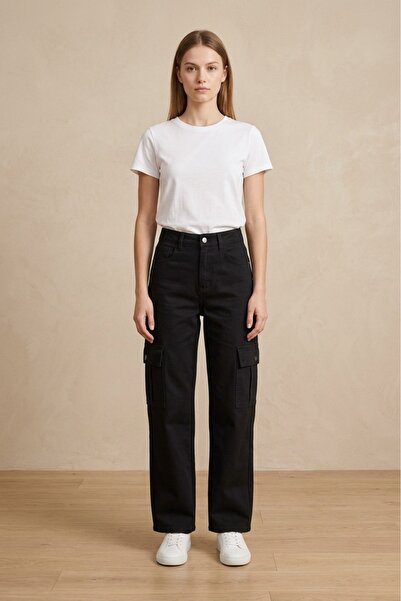 OEM Pantaloni dama casual drepti cu talie inalta si buzunare cargo laterale p...