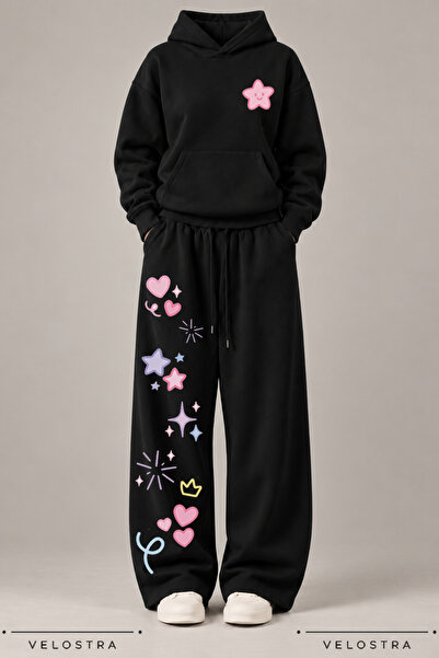 Velostra Women's Colorful Heart Star Printed Hooded Sweatshirt Wide Leg Sweat...