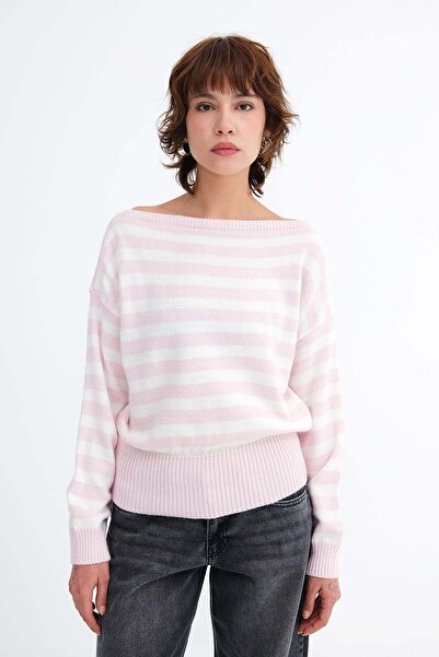 Addax Boat Neck Striped Knit Sweater K3525