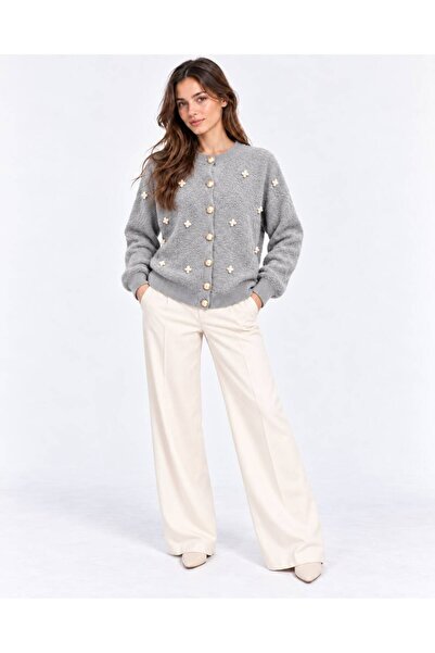 Sfg Life Moda Women's Pearl Detailed Buttoned Crew Neck Long Fleece Knitwear ...