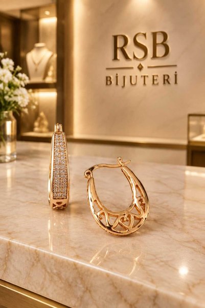 RSB Bijuteri ve Aksesuar Küpe LUXE Seri Taşlı Altın Renk Kaplama + Hediye Paket