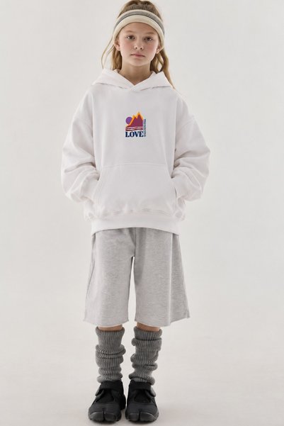 GIA - ART Girl's Oversize Hoodie Love Mount Printed White – Hooded, with Pockets, 3 Thread Fleece