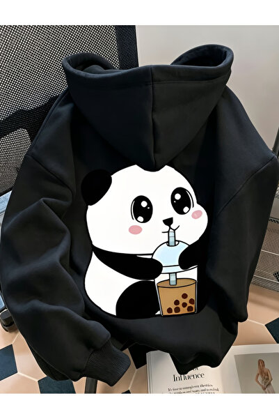 one button Unisex Γυναικείο φούτερ με κουκούλα και στάμπα Panda Drinking Bubb...