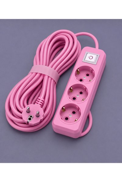 FIRSAT YOLU Üçlü Topraklı Anahtarlı Grup Priz 5 Metre Pembe