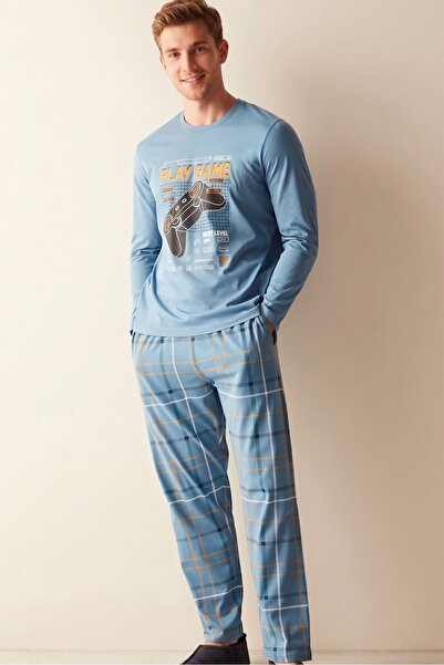 OBJE Men's Blue Plaid Pattern Pajama Bottoms